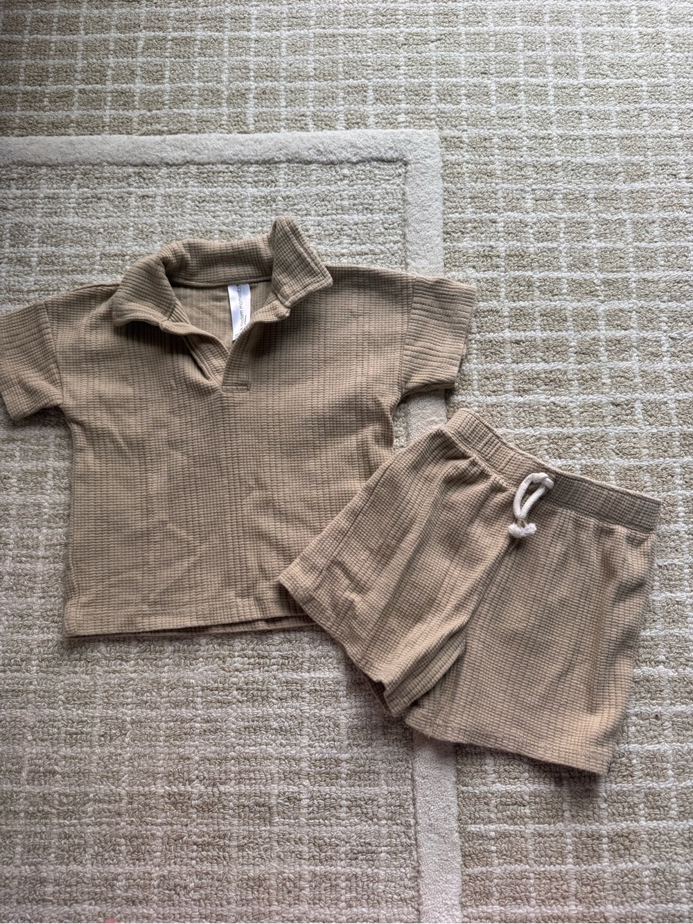 Kids Waffle Knit Polo & Pull-On Shorts Set in Tan